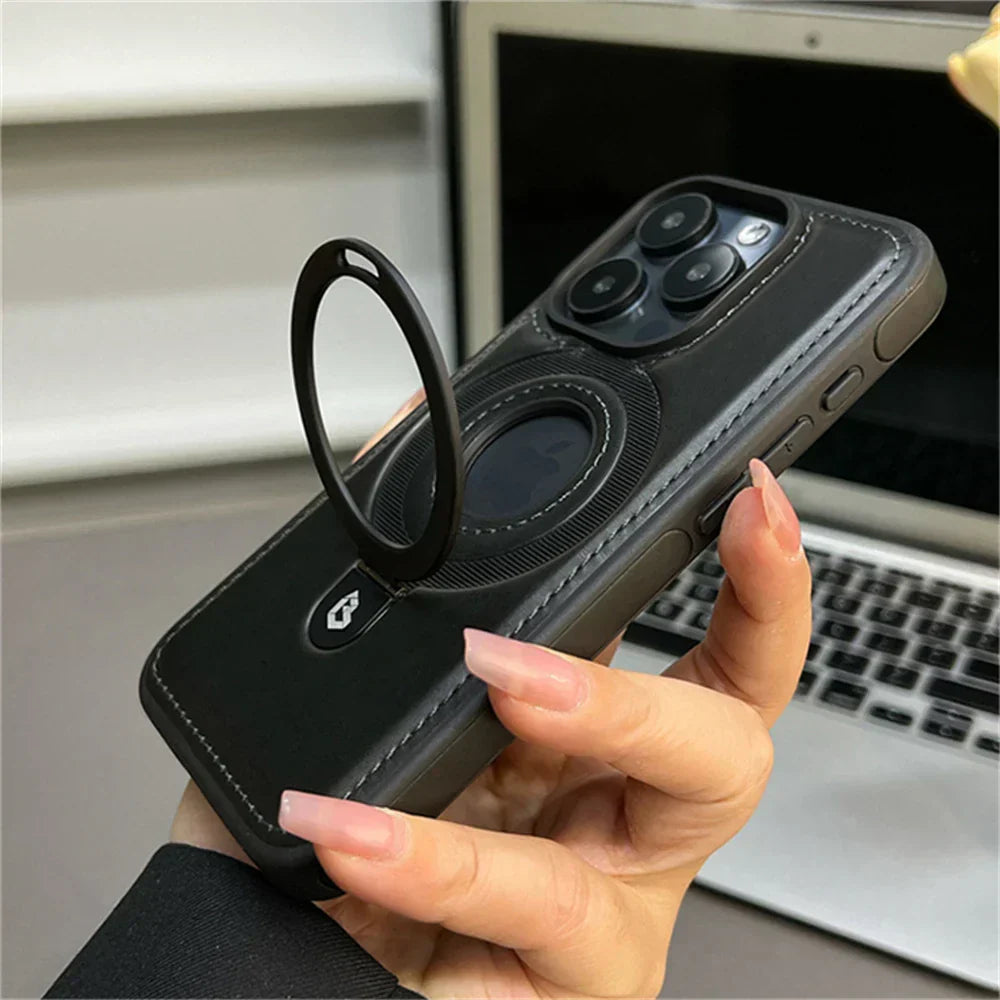 Leather Phone Cases with MagSafe, iPhone 16 Case with Fold Out Ring Stand, iPhone 15 Case, Magnetic iPhone Case with Rugged Protection