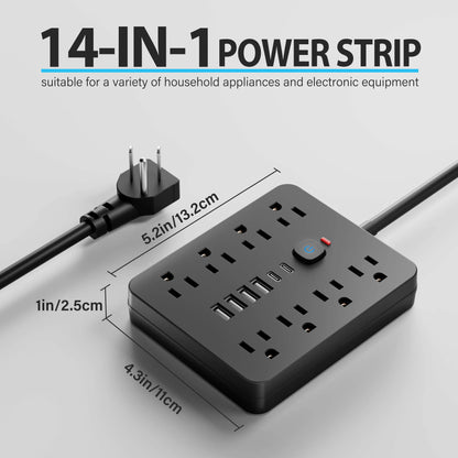 Multiprise avec parasurtenseur, 8 prises CA et 4 ports USB, multiprise à fiche plate avec rallonge pour bureau