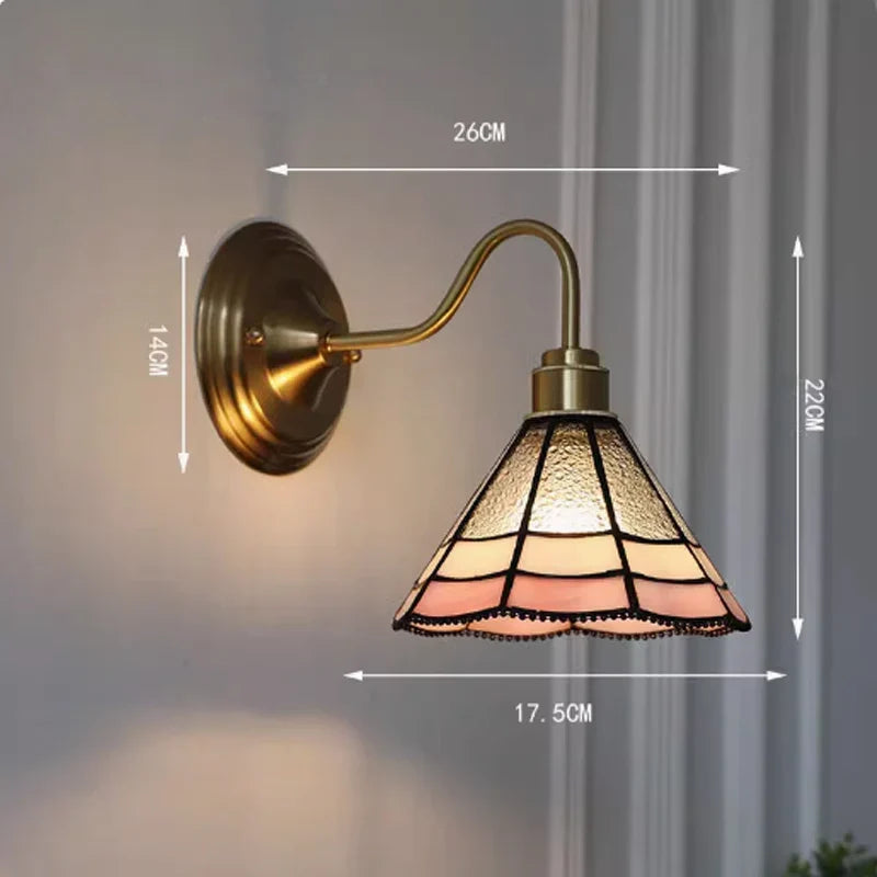 Tiffany-Style Glass Sconce with Curved Copper Arm E27 Socket 11 in x 8 in Bedroom Hallway Accent Light for Living Room Study Bathroom