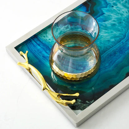 Decorative Serving Platter with Natural Stone Pattern Gold Silver Finish Coffee Table Centerpiece for Living Room Dining