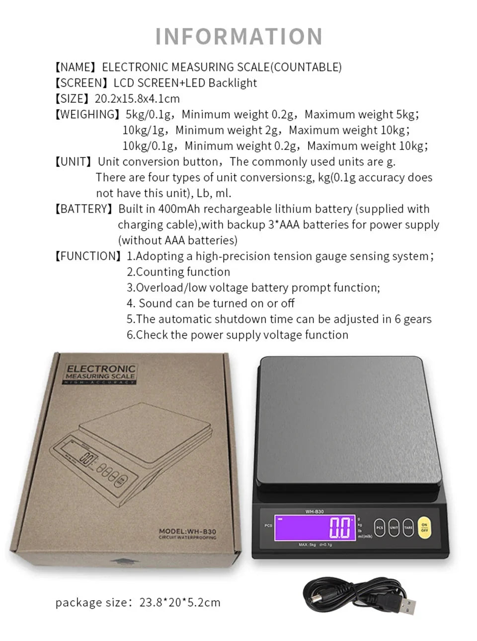Balance de cuisine numérique étanche – Capacité de 5 kg / 1 g ou 10 kg / 1 g, balance culinaire rechargeable à écran LCD pour la préparation des repas, la pâtisserie et le contrôle des portions