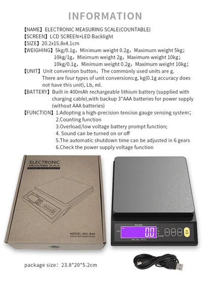 Balance de cuisine numérique étanche – Capacité de 5 kg / 1 g ou 10 kg / 1 g, balance culinaire rechargeable à écran LCD pour la préparation des repas, la pâtisserie et le contrôle des portions