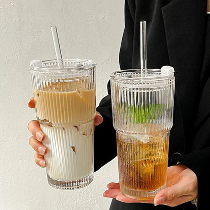 Glass Travel Tumbler with Straw & Lid for Coffee, Tea & Juice - Insulated Borosilicate Cup with Ribbed Design - Reusable Portable Drinkware