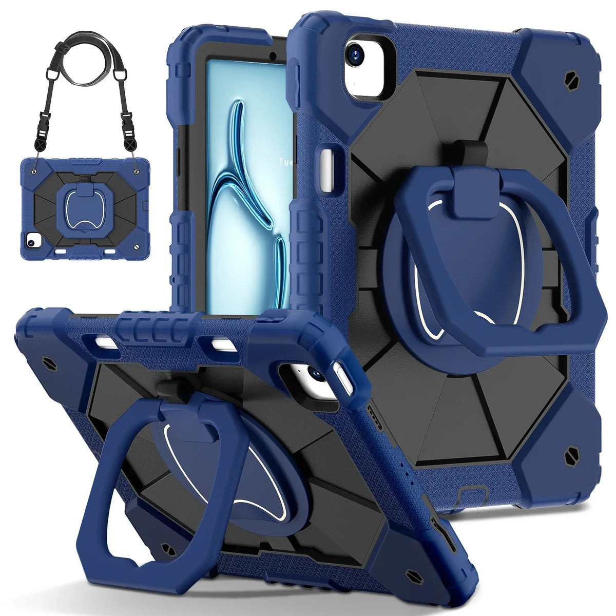 Triple-Layer iPad Protective Case with 360° Rotating Hand Grip, Integrated Kickstand & Shoulder Strap | Tempered Glass Screen Protector