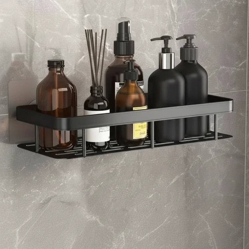 Organisateur de douche d'angle adhésif à montage mural – Étagère de rangement étanche sans perçage pour salle de bain, toilettes et lavabo – ABS et acier en noir ou argent