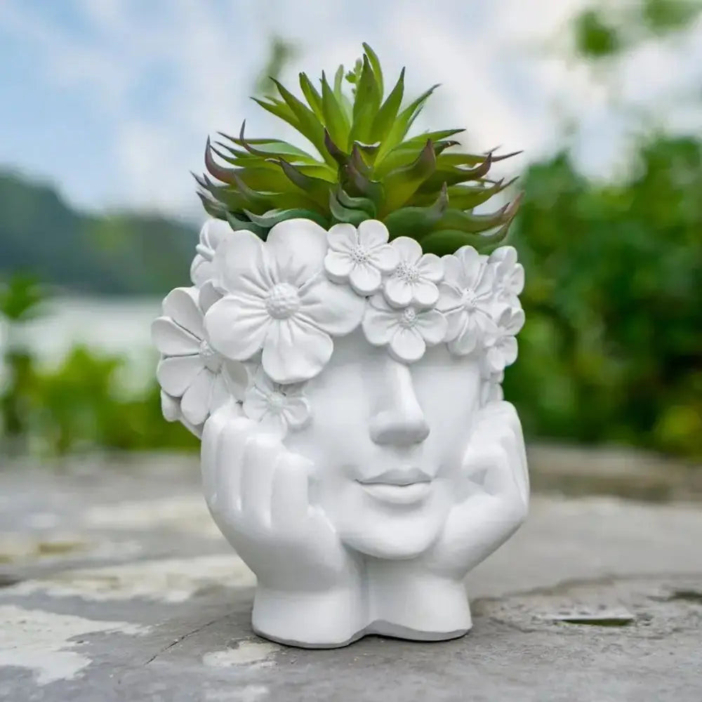 Sculptural Face Planter with Botanical Crown – White Resin Plant Holder for Succulents & Herbs – 6 inch Indoor Outdoor Decorative Container