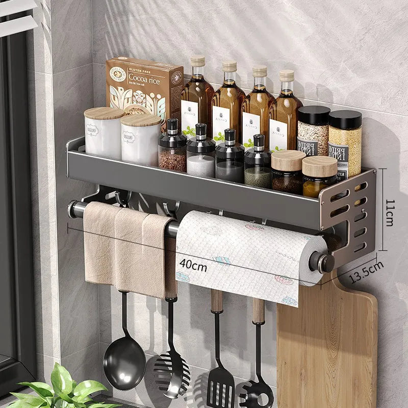 Organisateur d'étagère en aluminium, porte-épices mural de 20 pouces gris acier avec barre à serviettes, installation par adhésif ou vis pour petite cuisine ou appartement en location