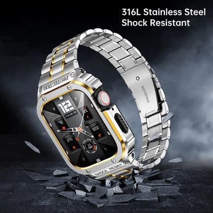 Metal Band and Bumper Case Bundle for Apple Watch 44mm 45mm Series – Shock-Absorbing Frame with Coordinated Strap in Black Silver Gold