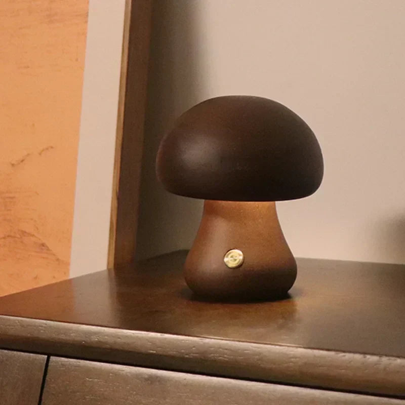 Rechargeable LED Mushroom Night Light with Touch Dimmer for Bedside, Nursery & Kids Room | Cordless Wooden Lamp