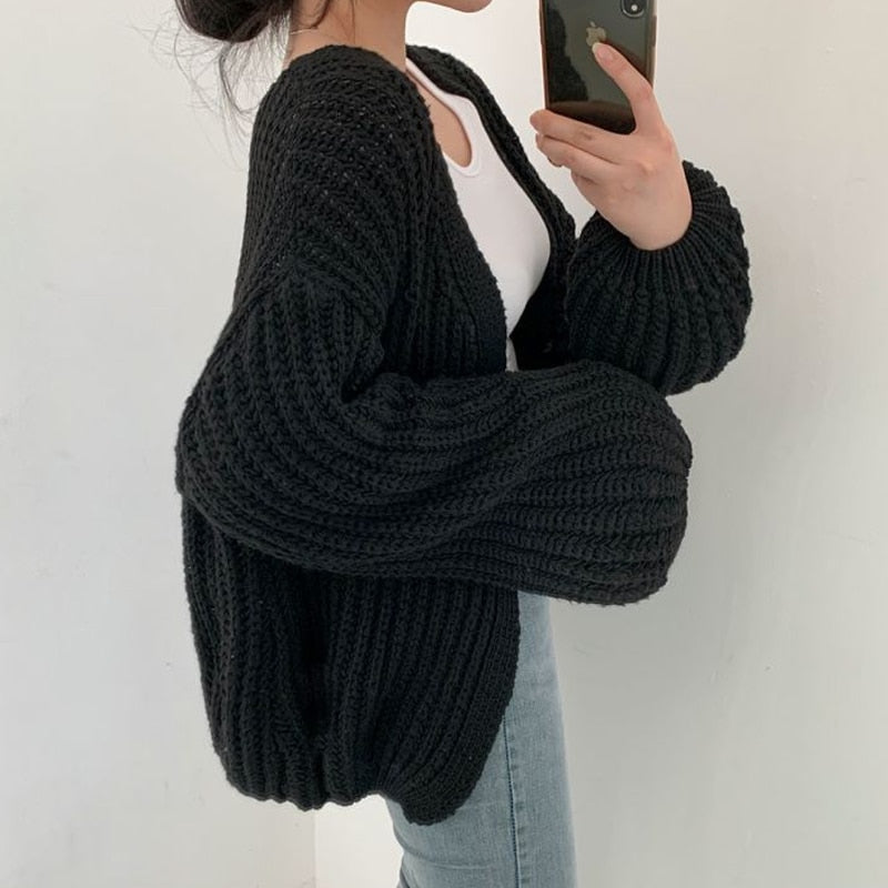 Chunky Knit Open Front Cardigan Sweater for Women – Oversized Cable Knit Duster with Balloon Sleeves – Fall Layering Cardigan