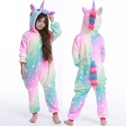 Combinaison licorne à capuche en polaire pour filles, déguisement arc-en-ciel, tenue de détente chaude pour enfants, pyjama une pièce, vêtements de nuit d'hiver pour enfants