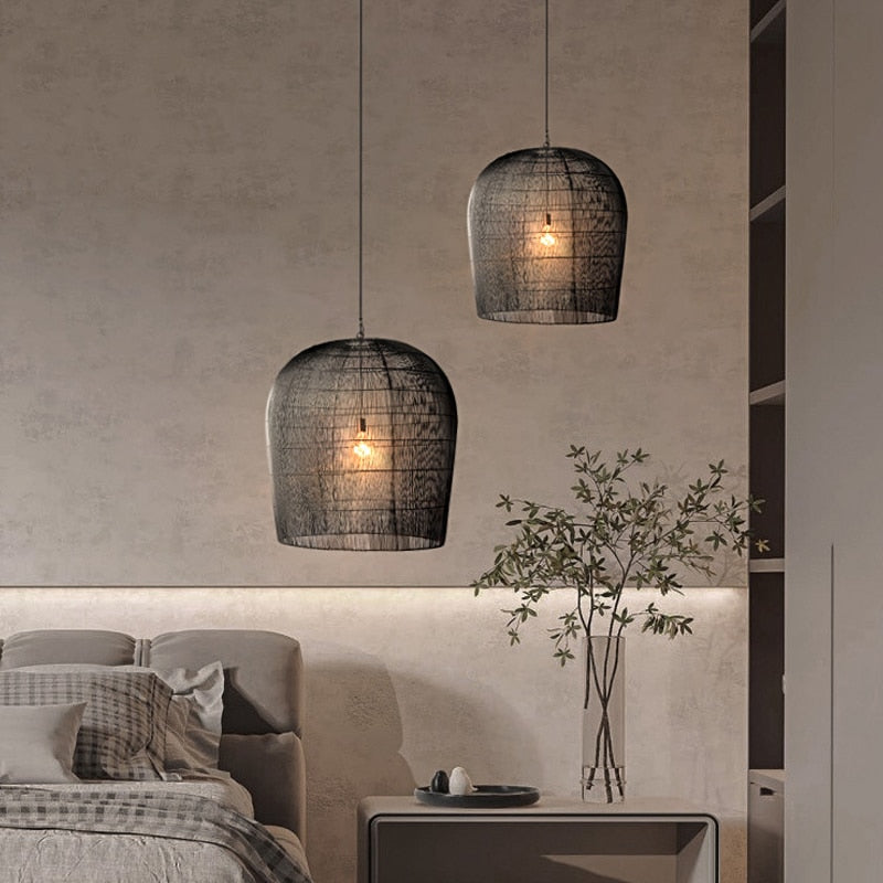 Woven Basket Ceiling Shade Handcrafted Natural Fiber 12-24 Inch Round Bohemian Overhead Fixture Black White Bedroom Kitchen Minimalist Organ
