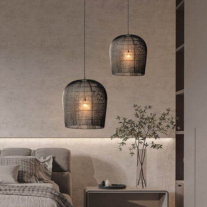 Woven Basket Ceiling Shade Handcrafted Natural Fiber 12-24 Inch Round Bohemian Overhead Fixture Black White Bedroom Kitchen Minimalist Organ