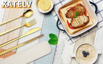 Ensemble de couverts portables écologiques avec ustensiles en acier inoxydable | Design compact pour une alimentation durable