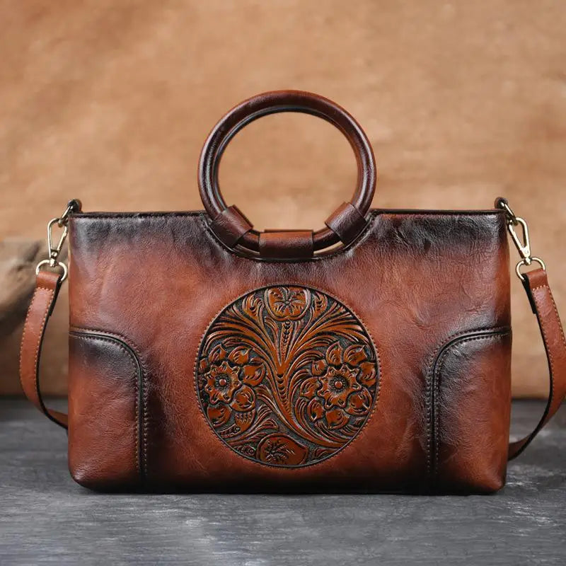 Embossed Leather Handbag for Women with Adjustable Strap and Multiple Compartments – Vintage-Inspired Shoulder Bag Purse