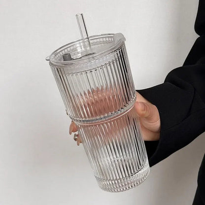 Insulated Glass Tumbler with Straw & Lid - Heat-Resistant Borosilicate Cup for Hot & Cold Drinks - Portable Coffee Mug for Commute, Office,