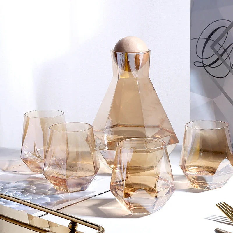 Geometric Glass Pitcher and Tumbler Set for Cocktails, Water & Juice – 5-Piece Beverage Serving Collection with Wooden Stopper