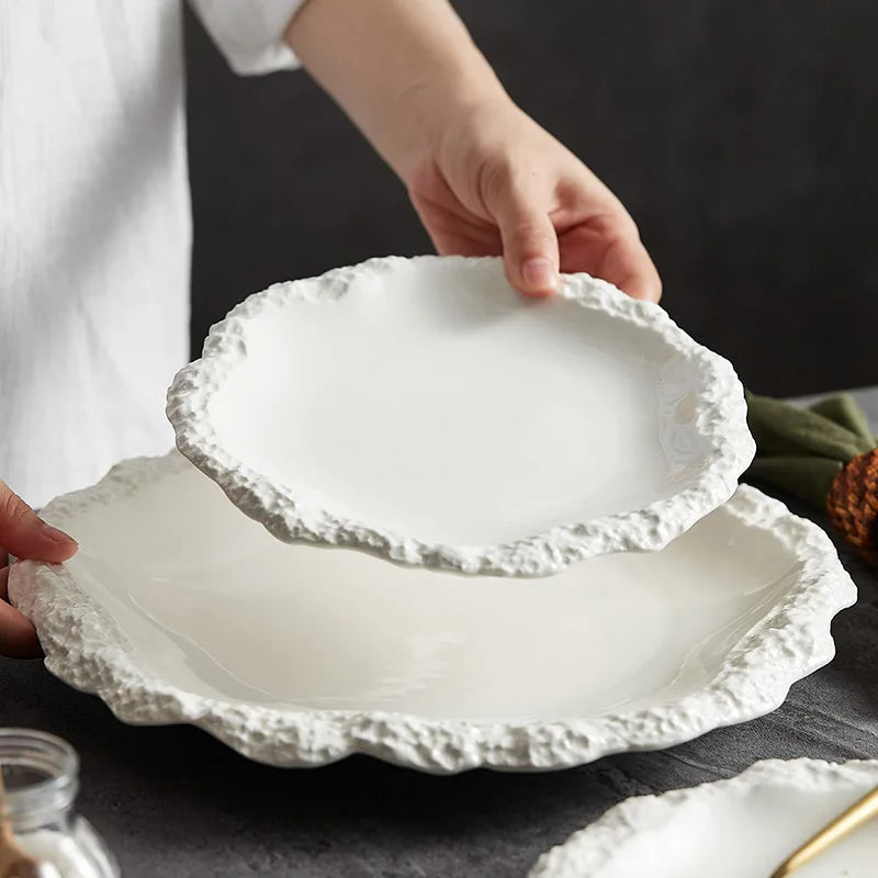 Plat de service en grès de 26,5 cm, rond, bord texturé, vaisselle de table, assiette en porcelaine pour repas quotidiens en cuisine, grand plat rustique