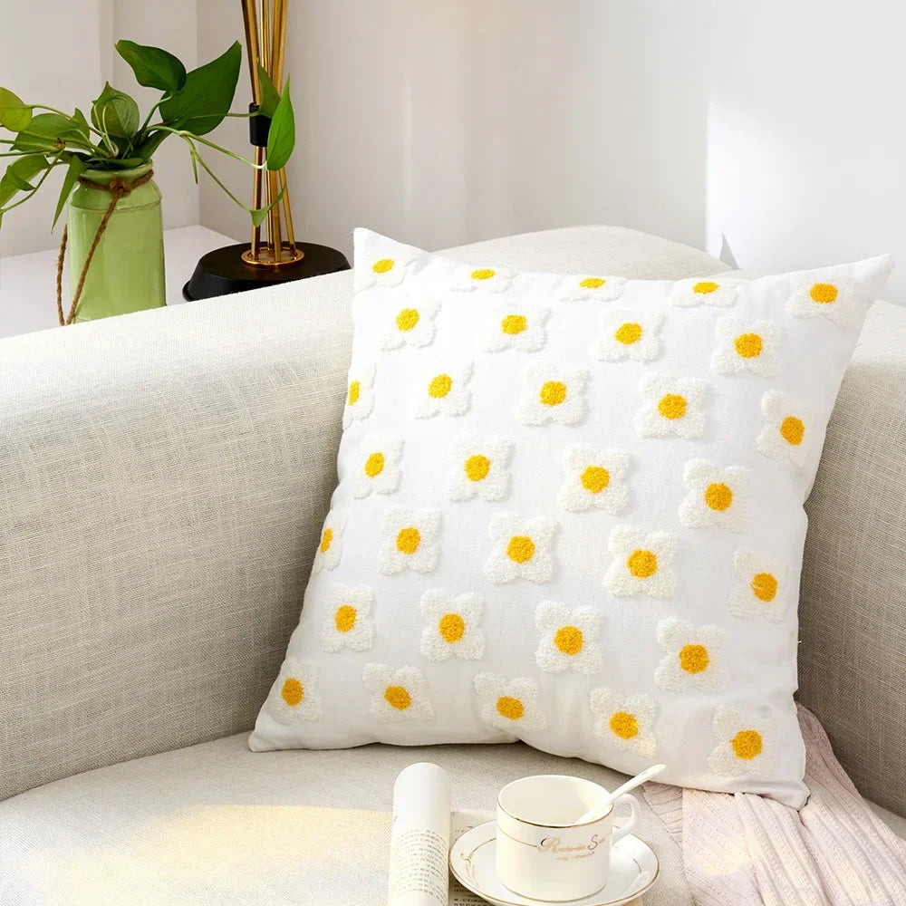 Floral Embroidered Throw Pillow Cover 18x18 Inches Cotton Canvas White Decorative Cushion Case for Couch Bed Chair Farmhouse Modern Living R