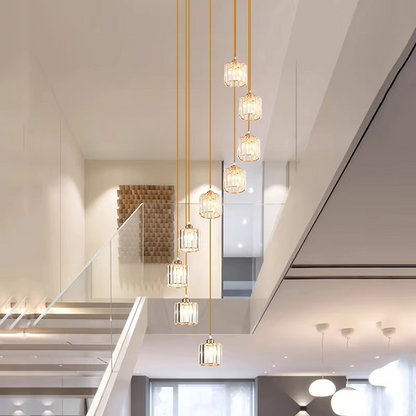 Multi-Tier Hanging Fixture with Crystal Droplets & Brass Frame for Two-Story Foyer, Dining Room, Stairwell – Adjustable Height Spiral Arrang