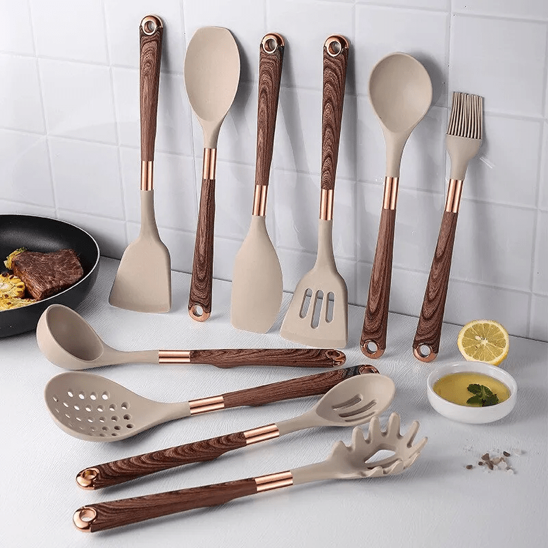 Cooking Utensil Set 10-Piece Heat Resistant Silicone Tools Non-Stick Safe Ergonomic Wood Grain Handles for Baking Serving Everyday Kitchen U