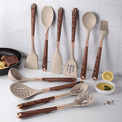 Cooking Utensil Set 10-Piece Heat Resistant Silicone Tools Non-Stick Safe Ergonomic Wood Grain Handles for Baking Serving Everyday Kitchen U