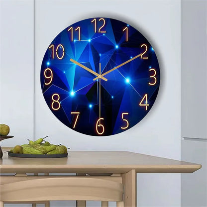 Geometric Quartz Timepiece Navy Blue 12 Inch Round Glass Face Gold Hands Whisper Quiet Analog for Bedroom Office Apartment Contemporary Home