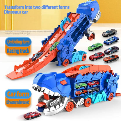 Dinosaur Car Launcher Storage Set with Folding Track ABS Plastic Toy for Kids Ages 3+ Boys Girls Playroom Bedroom Transforming Vehicle Racer