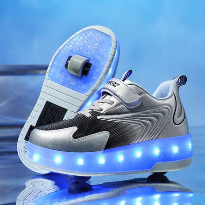 Kids Light-Up Skate Sneakers with Wheels Pink LED Roller Shoes Velcro Strap Boys Girls Youth Rechargeable Glowing Athletic Footwear