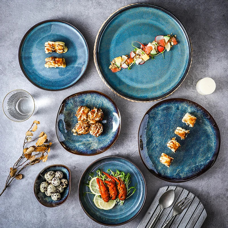 Porcelain Dinnerware Set 11-Piece Aqua Blue Plates Bowls Service for 4 Complete Kitchen Tableware Family Dining Entertaining Microwave Dishw