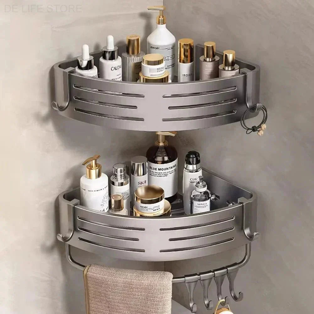 Corner Shower Caddy Set of 2 with Adjustable Height & Hooks No-Drill Aluminum Wall Mount Organizer for Bathroom Shampoo Soap Holder