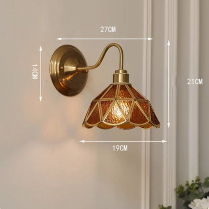 Tiffany-Style Glass Sconce with Curved Copper Arm E27 Socket 11 in x 8 in Bedroom Hallway Accent Light for Living Room Study Bathroom