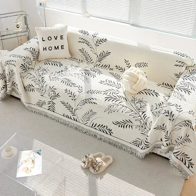 Chenille Jacquard Leaf Sofa Throw Blanket with Non-Slip Backing | Scratch-Resistant Textured Furniture Cover for Couch Protection