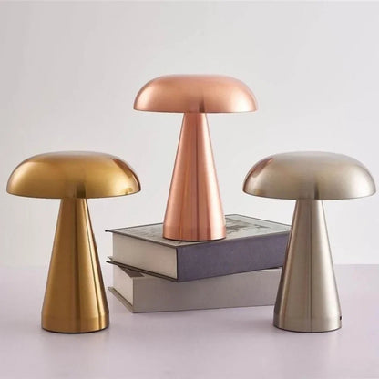 Rechargeable Mushroom LED Desk Lamp with Touch Control – 8 in Cordless Metal Nightlight – 3 Lighting Modes Warm Neutral Cool for Bedroom Off