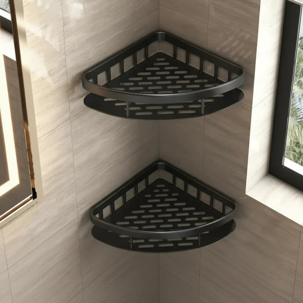 Organisateur de douche d'angle adhésif à montage mural – Étagère de rangement étanche sans perçage pour salle de bain, toilettes et lavabo – ABS et acier en noir ou argent