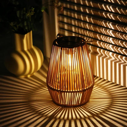 Solar Hanging Lantern Woven Wicker Style 8in Weatherproof LED Light for Patio Garden Balcony Porch Outdoor Spaces Cordless Automatic Dusk Da