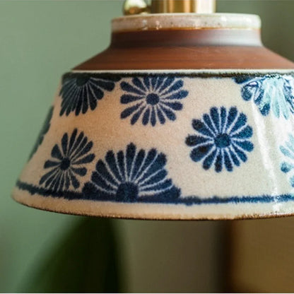 Ceramic Hanging Light Fixture with Unique Floral Designs for Kitchen, Dining Room, Cafe | Artisan Crafted Copper Hardware Pendant Lamp
