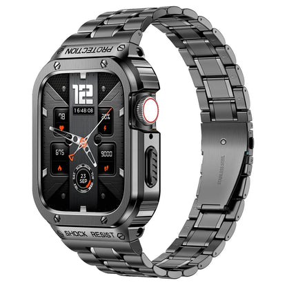 Metal Band and Bumper Case Bundle for Apple Watch 44mm 45mm Series – Shock-Absorbing Frame with Coordinated Strap in Black Silver Gold