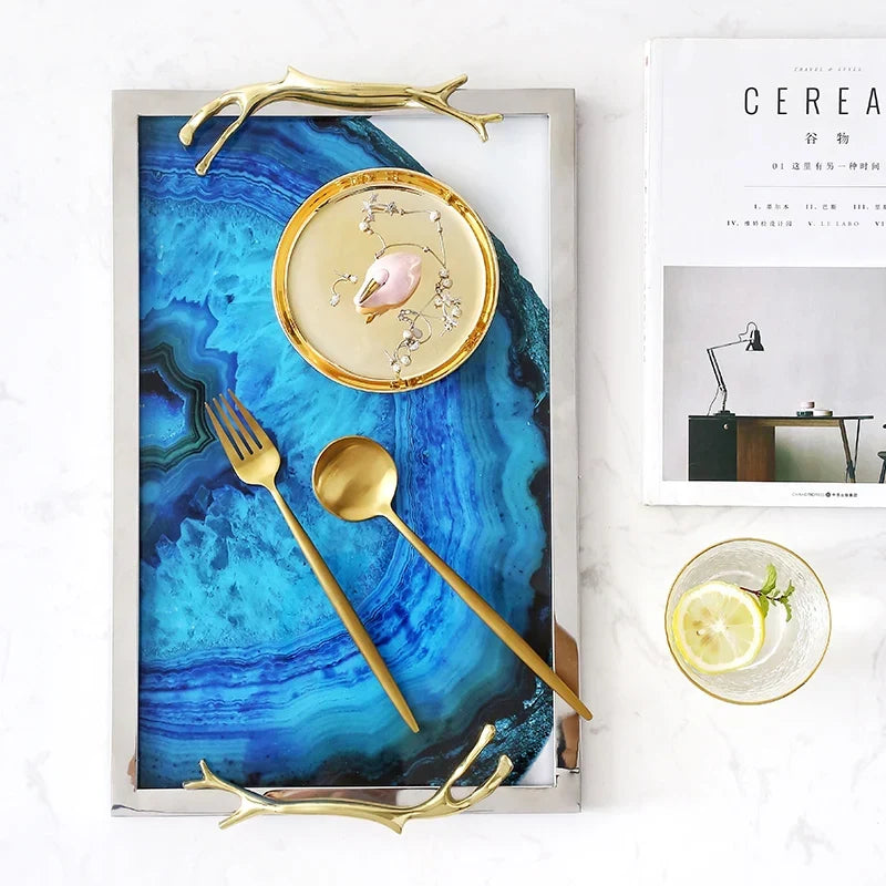 Decorative Serving Platter with Natural Stone Pattern Gold Silver Finish Coffee Table Centerpiece for Living Room Dining