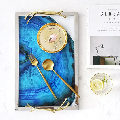 Decorative Serving Platter with Natural Stone Pattern Gold Silver Finish Coffee Table Centerpiece for Living Room Dining