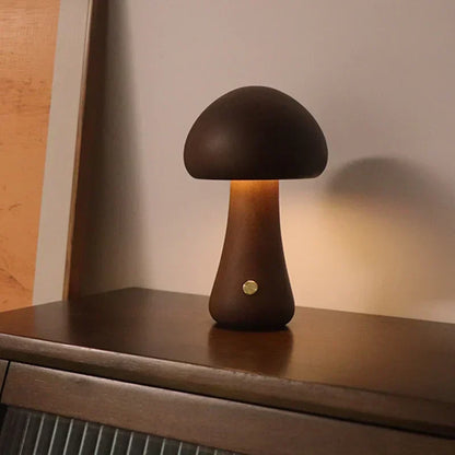 Rechargeable LED Mushroom Night Light with Touch Dimmer for Bedside, Nursery & Kids Room | Cordless Wooden Lamp