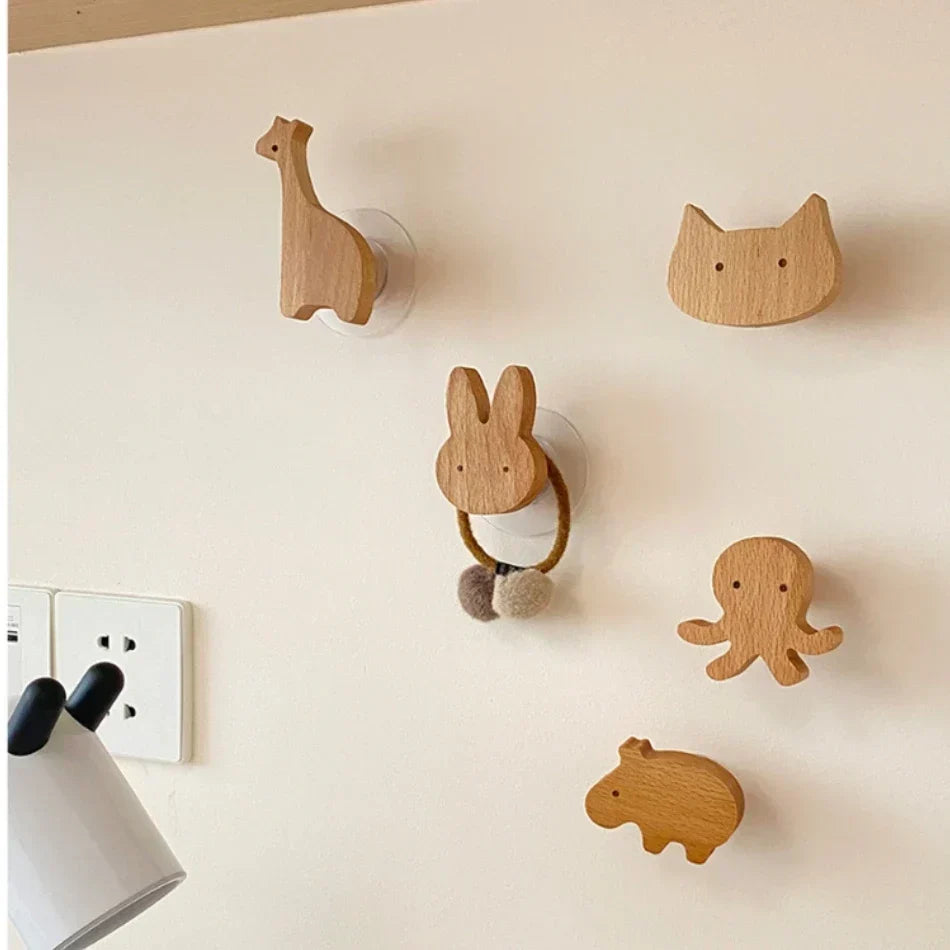 Animal-Shaped Wood Peg Rack for Kids' Rooms — Self-Stick or Screw-Mount Entryway Organizer, Nursery Decor Hanger for Coats, Backpacks & Acce