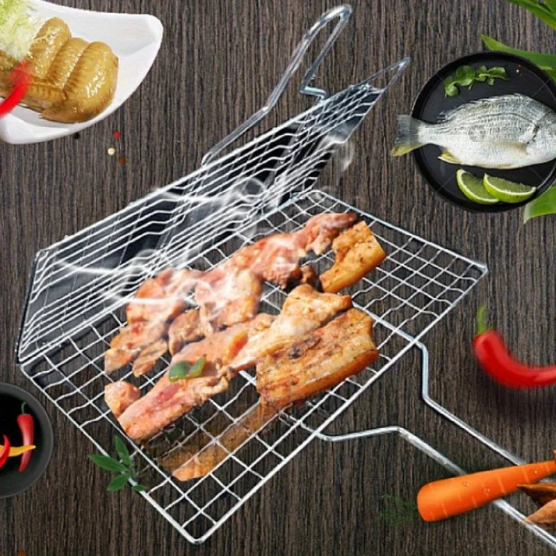 Folding Grill Basket with Non-Stick Coating for Vegetables, Fish & Steak – Heat-Resistant Stainless Steel BBQ Grilling Accessory for