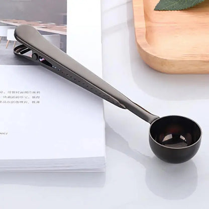 Stainless Steel Measuring Scoop with Bag Sealing Clip for Coffee Beans Tea Leaves Kitchen Storage Organization Silver Gold Black Rose Gold
