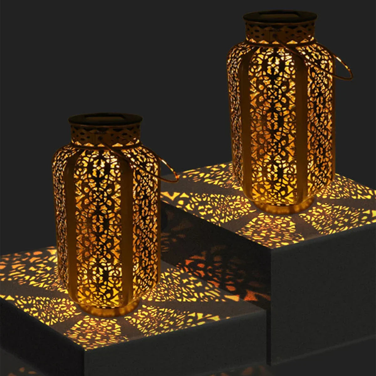 Openwork Metal Solar Lantern 9.3 in Hanging or Tabletop Garden Patio Light Outdoor Decorative Moroccan-Inspired Design for Porch Balcony Pat