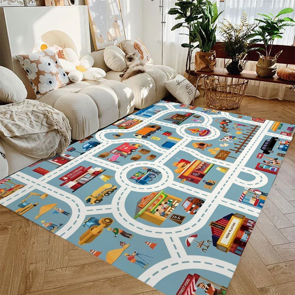 Kids Road Map Area Rug Soft Flannel Non-Slip City Streets for Toy Cars Playroom Bedroom Nursery 4 ft × 5 ft Washable Floor Mat for Toddlers