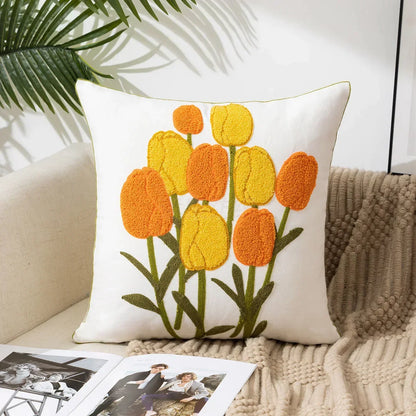 Floral Embroidered Throw Pillow Cover 18x18 Inches Cotton Canvas White Decorative Cushion Case for Couch Bed Chair Farmhouse Modern Living R