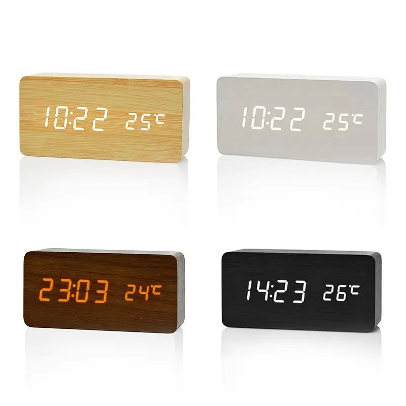 Réveil numérique à LED avec triple alarme, affichage de la température, réglage de la luminosité, finition grain de bois, alimentation USB, pour chambre, bureau, table de chevet