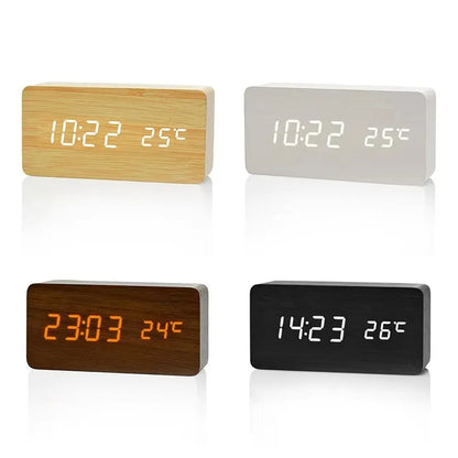 Réveil numérique à LED avec triple alarme, affichage de la température, réglage de la luminosité, finition grain de bois, alimentation USB, pour chambre, bureau, table de chevet