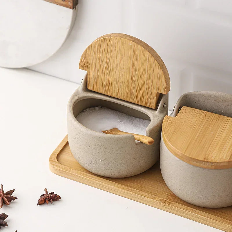 Pot à épices en céramique avec couvercle en bambou et repose-cuillère intégré | Récipient à épices de style japonais pour une cuisine organisée
